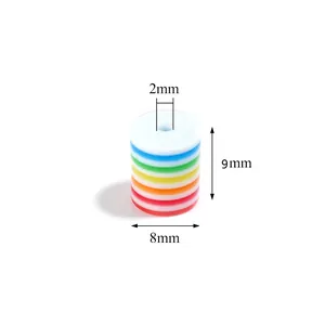 Translucent resin rainbow barrel beads detail shot showing 8mm diameter and 9mm height specs.