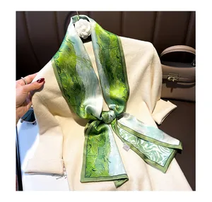 Green art landscape silk ribbon scarf for women, elegant double layer long neckerchief detail.