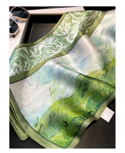 Exquisite green silk long scarf, double-layer mulberry silk with elegant artistic print design.