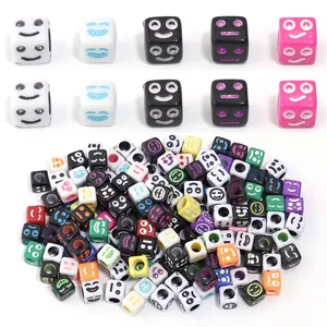Colorful acrylic square smiley face beads bulk DIY bracelet accessories craft jewelry making 100pcs