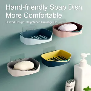 Wall-mounted punch-free soap dish with drainage tray in multiple colors for bathroom decor