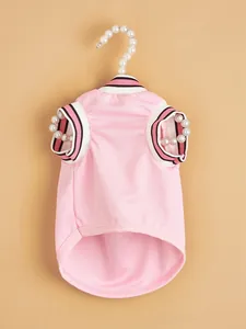 Pink mesh pet vest for dogs cats summer breathable jersey shirt with stylish ribbed collar details.
