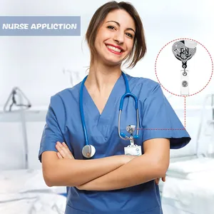Rhinestone heart nurse badge reel retractable stethoscope ID card holder clip for medical staff