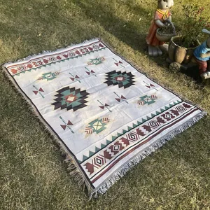 Knitted throw blanket geometric patterned sofa cover for living room decor and cozy home use.