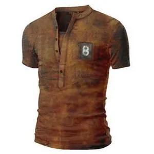 Men's vintage distressed short sleeve henley shirt with chest pocket and cool print design.