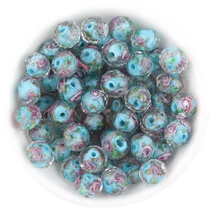 Faceted blue millefiori glass beads with gold glitter for DIY handmade crafts detail