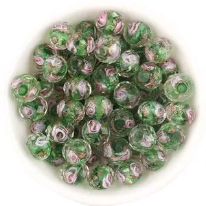Faceted Japanese millefiori glass beads with pink floral and gold foil for DIY jewelry making