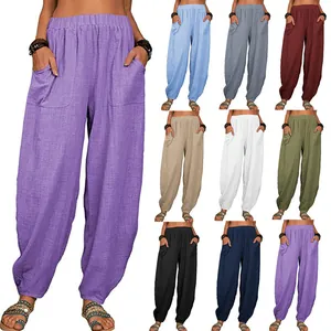 Pantalon sarouel décontracté en coton et lin pour femme ample avec poches multicouleur
