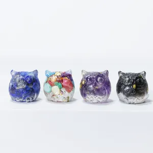 Set of four handmade crystal resin owl figurines for micro-landscape home decor.