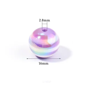 16mm rainbow striped bead DIY jewelry accessory, electroplated loose round bead for crafting.