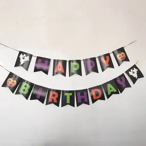 Halloween party decoration Happy Birthday banner with spooky ghost and pumpkin printed flags.