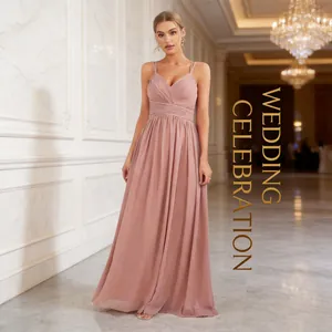 Women Elegant V Neck Pleated Maxi Dress Sleeveless Chiffon Backless Evening Gown Dusty Rose Blue Party Formal Dress