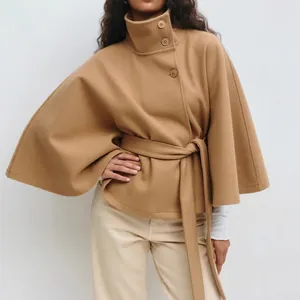 Elegant camel wool blend cape coat featuring stand collar and belted waist for women