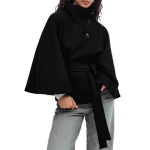 Elegant black cape coat for women featuring a stand collar and adjustable waist belt