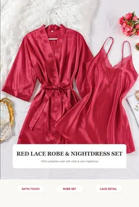 Luxurious red satin robe and lace nightdress set for elegant women loungewear style