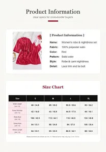 Detailed size chart and specifications for red satin women's robe and nightdress set