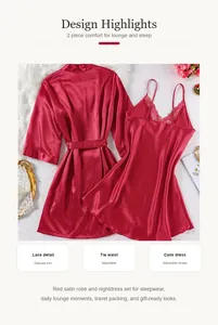 Detail of red satin robe and lace cami nightdress set for sleepwear