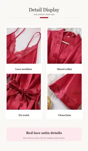 Detailed macro view of red lace satin nightgown and robe set for luxury loungewear