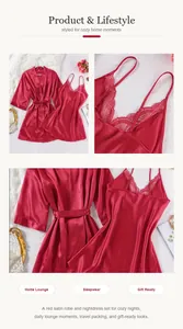 Detailed view of a red satin robe and lace nightdress set for women's sleepwear