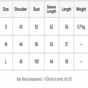 Size chart with measurements for slim fit animal print faux fur jacket with stand collar