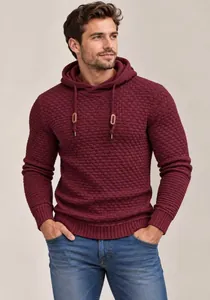 Detail view of burgundy men's textured hooded knit sweater with waffle pattern