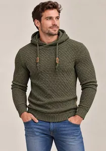 Men's olive green textured waffle knit hooded sweater with drawstring details.