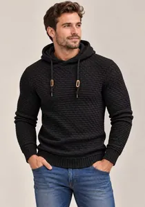 Close-up detail of black textured knit hooded sweater for men with adjustable drawstrings