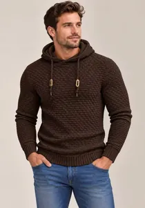 Macro view of men's dark brown hooded knit sweater showing waffle texture detail