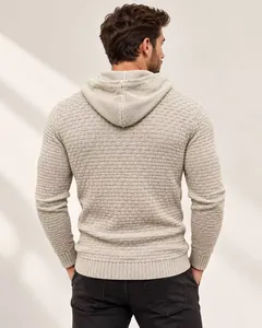 Detailed back view of men's casual hooded knit sweater with textured waffle pattern.