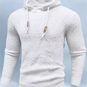 Detailed macro view showing the waffle knit texture of this white men's pullover hoodie