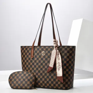 Women Large Capacity Tote Bag PU Leather Checkerboard Monogram Print Shoulder Bag With Scarf And Pouch Handbag Set