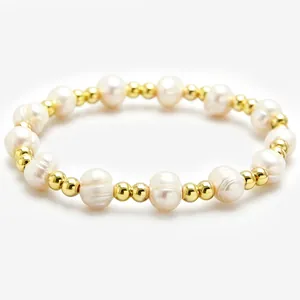 Baroque Freshwater Pearl Bracelet 18K Gold Plated Stainless Steel Elastic Beaded Stackable Fashion Jewelry For Women