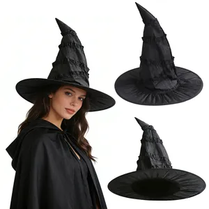 Elegante sombrero de bruja negro plisado para disfraces de Halloween y fiestas