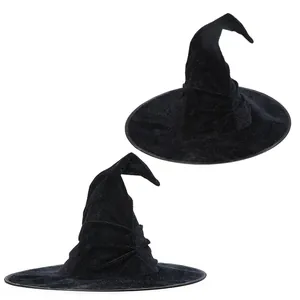 Clásico sombrero de bruja negro plisado de terciopelo para disfraces de Halloween