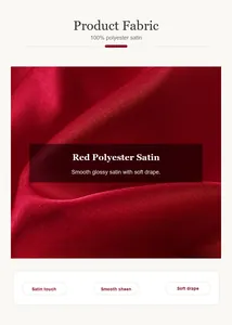 Close-up detail of glossy red polyester satin fabric with smooth luxurious sheen and texture.