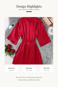 Elegant red satin morning robe features wide sleeves and self-tie waist belt detail.