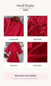 Detail views of red satin robe showing V-neck, belt, and silk-like fabric sheen.