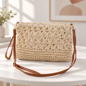 Hollow Out Woven Straw Crossbody Bag Women Handmade Paper Straw Beach Vacation Square Purse With PU Leather Strap
