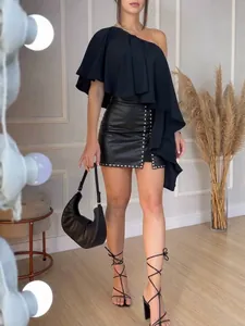 Women High Waist PU Leather Skirt Solid Color Rivets Spliced Zipper Bodycon Pencil Skirt Casual Elegant Office Skirt For Women