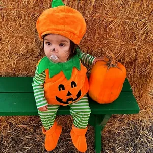 Cute baby Halloween pumpkin romper costume with matching hat and striped bodysuit set.