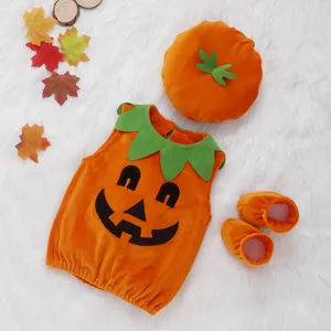 Baby Halloween pumpkin costume set with sleeveless romper hat and shoes, cute orange outfit.