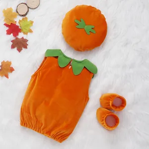 Cute baby Halloween pumpkin romper set with hat and shoes soft velvet outfit for infants