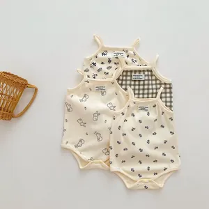 Carini body con bretelle per neonato, tutine estive senza maniche con stampa floreale e coniglietto.