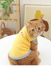Summer thin cat clothes breathable vest, cute yellow waffle pet apparel for kittens.