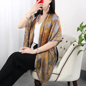 Luxurious baroque style grey satin large square silk scarf for women elegant fashion shawl.