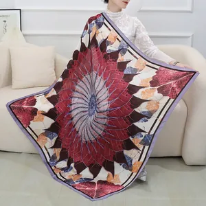 Large square scarf with vibrant floral leaf print and elegant purple border for women