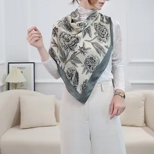 Elegant black and white floral square scarf for women, premium silk-like fabric, 110cm size.