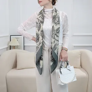 Classic black and white floral print square scarf, elegant silk feel scarf for women in spring.
