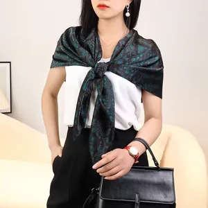 Elegant black and teal silk square scarf detail, classic abstract pattern for women daily wear.