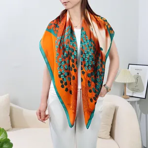 Elegant orange green tree print square silk scarf for women stylish fashion neckerchief